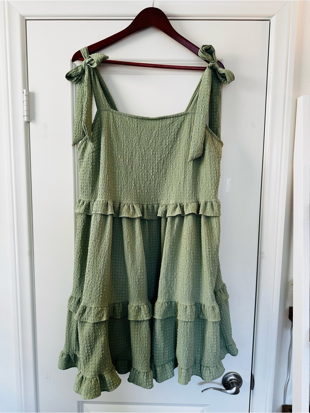 Sage Green Ruffle Tie Shoulder Mini Dress Fairycore Boho Babydoll Whimsical